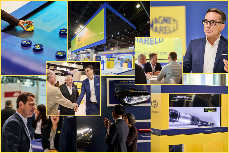 Collage of the Magneti Marelli Parts & Services stand at Automechanika Frankfurt 2024, with the Marelli tunnel, the Screen Reveal, the Object Recognition Table and interactions with visitors.