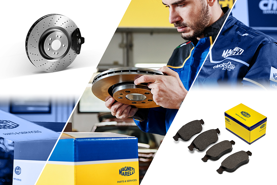 Collage di dischi freno, pastiglie freno, scatole Magneti Marelli Parts and Services, e un meccanico con tuta Magneti Marelli Checkstar che tiene un disco freno