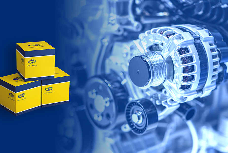 Alternator en blauw-gele dozen Magneti Marelli Parts & Services