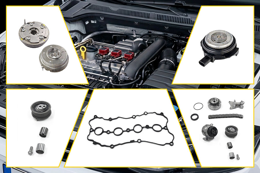 Motorruimte met distributieketting-kit, Super-Kit, VVT-versteller en OCV-klep van Magneti Marelli Parts & Services.