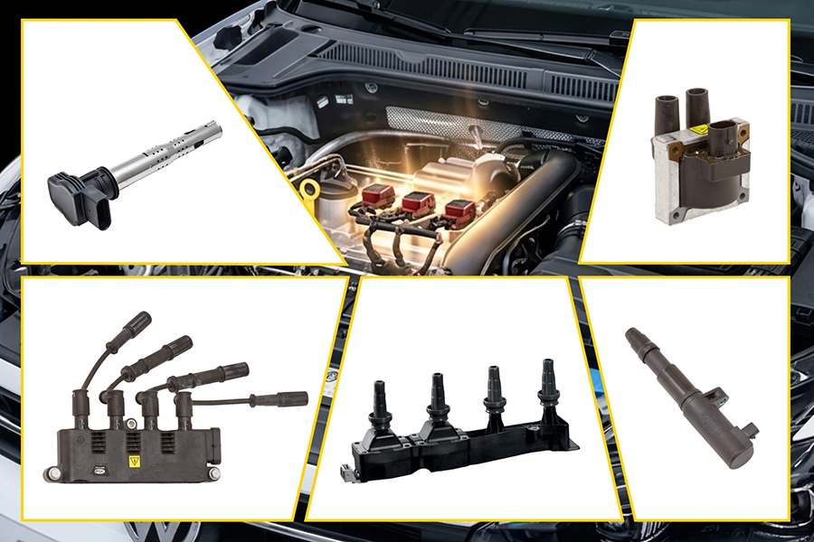 OE-bobines op motor en diverse aftermarket-types: pencil, standaard, plug top en coil near plug